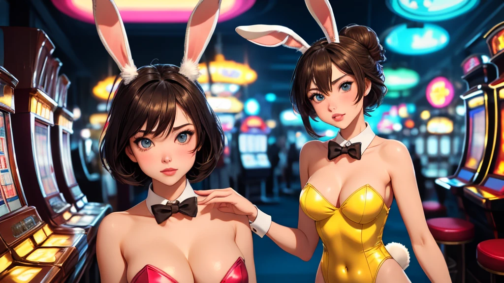 masterpiece, best quality, 1girl, solo, looking at viewer, breasts, mature female, collarbone, janeporter, short hair, hair bun, playboy bunny, detached collar, fake animal ears, rabbit ears, rabbit tail, cyberpunk, neon lights, indoors, casino, yellow leotard, bowtie, depth of field,
