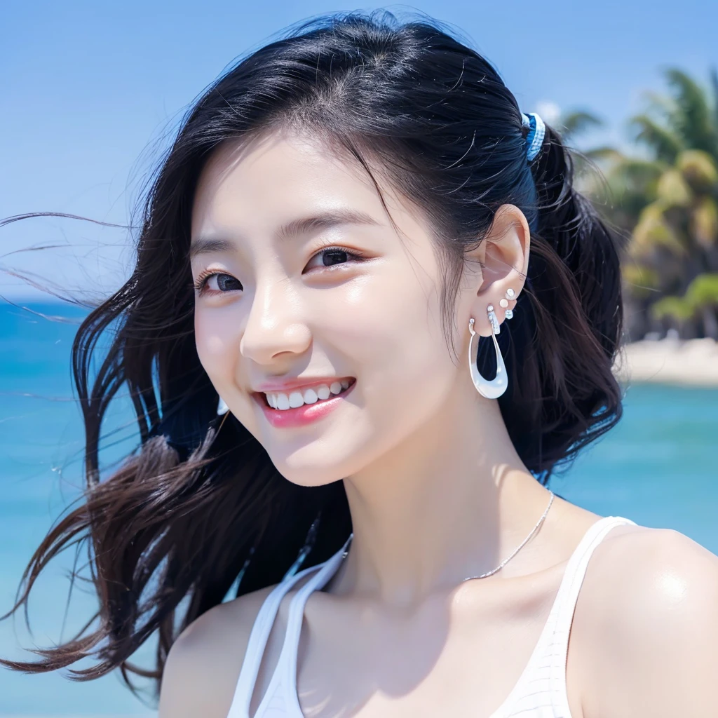 a girl wearing tiny blue sample earring, At the beach, sea, blue sky, sea breeze, half body shoot, Korean, KPOP, happy smile, group, white skin, black hair, jewelry, commercial advertising, white background, laser gradient background, subsurface scattering effect