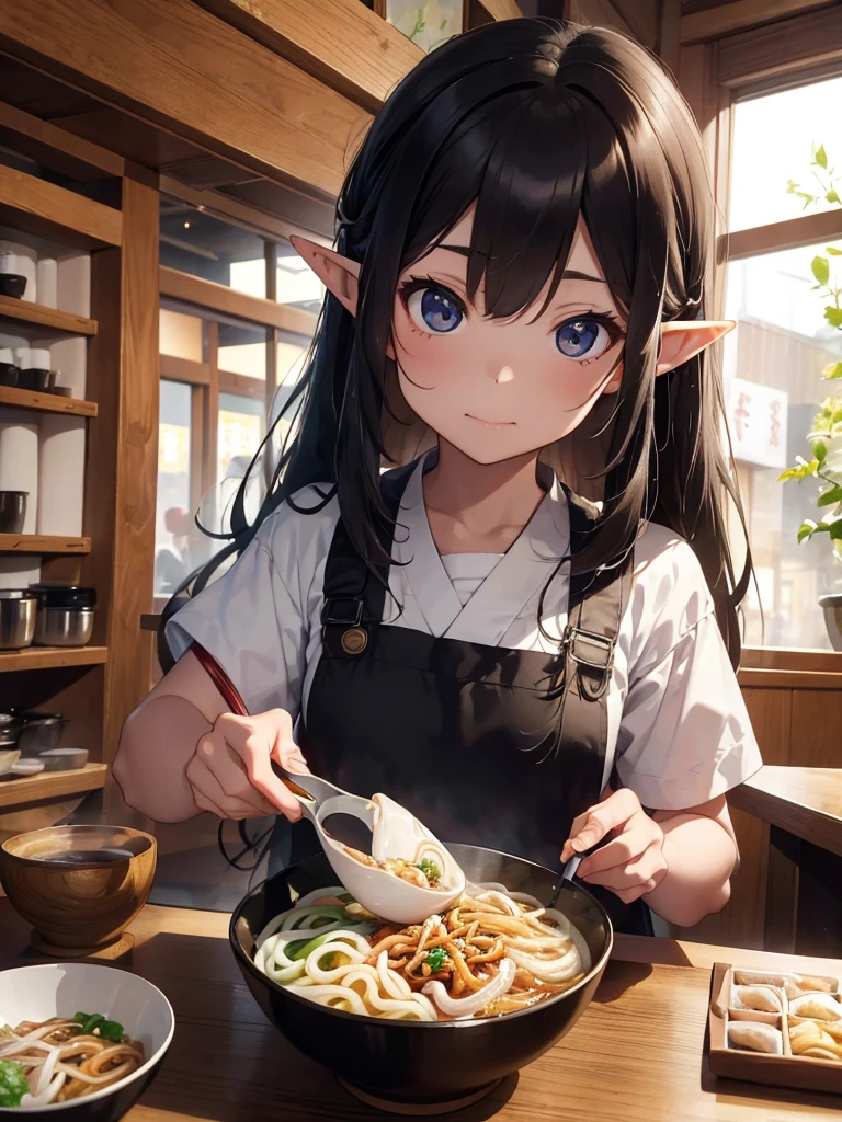 High resolution, 8K Ultra HD, ((ink and painting)),J((one girl elf)), inside japanese soba restaurant. An elf is eating, very wide udon served in a small bowl. There is nothing in the colander except white udon. A black-haired elf , naked.