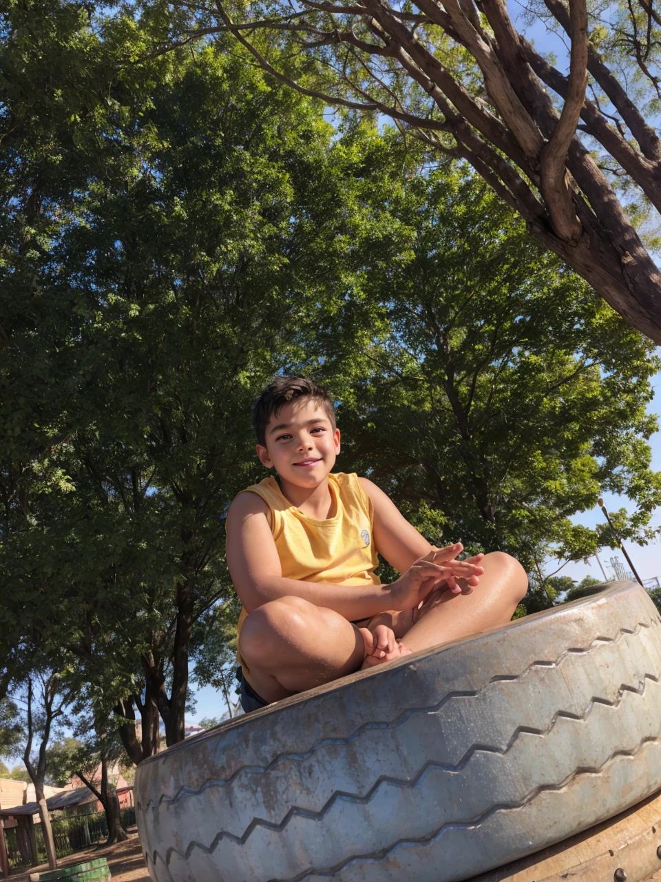 a  boy sitting on tires in a park, highly detailed, realistic, photorealistic, 8k, HDR, studio lighting, sharp focus, vivid colors, beautiful detailed eyes, beautiful detailed lips, extremely detailed face, long eyelashes, happy expression, casual clothing, natural lighting, lush greenery, playground equipment, swing sets, detailed background