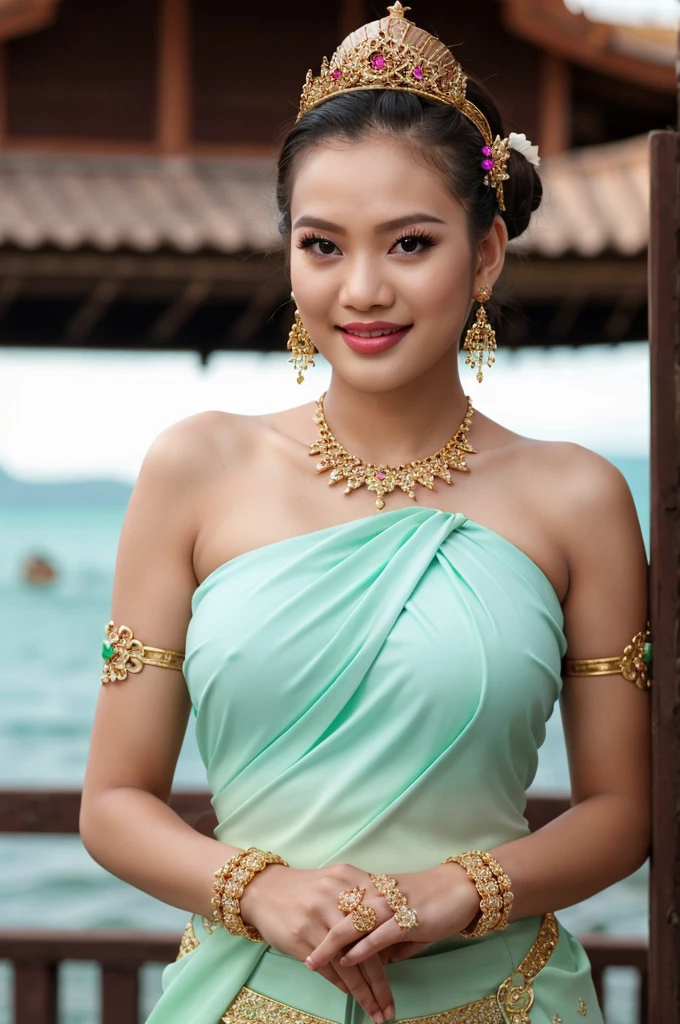 (masterpiece), best quality, ultra high res, , (princess:1.3), standing, (NSFW), lace underwear, beautiful face,( thailand tradition house:1.3),,(cute girl:1.3), ( thai ombre mint green detailed traditional dress:1.3),(traditional body strap:1.2) big ,detailed background , gloves, hair bun, , big hair_ornament, ear ornaments, ear peice, ear jewelries, big crown, big jewelry, hair_stick, jewelry, necklace, bracelets, arms jewelry, (seductive:1.3), ( looking at viewer:1.5) , ocean,flowers, beautiful day, close eyes, enjoying the breeze ,beautiful smile, big breast
