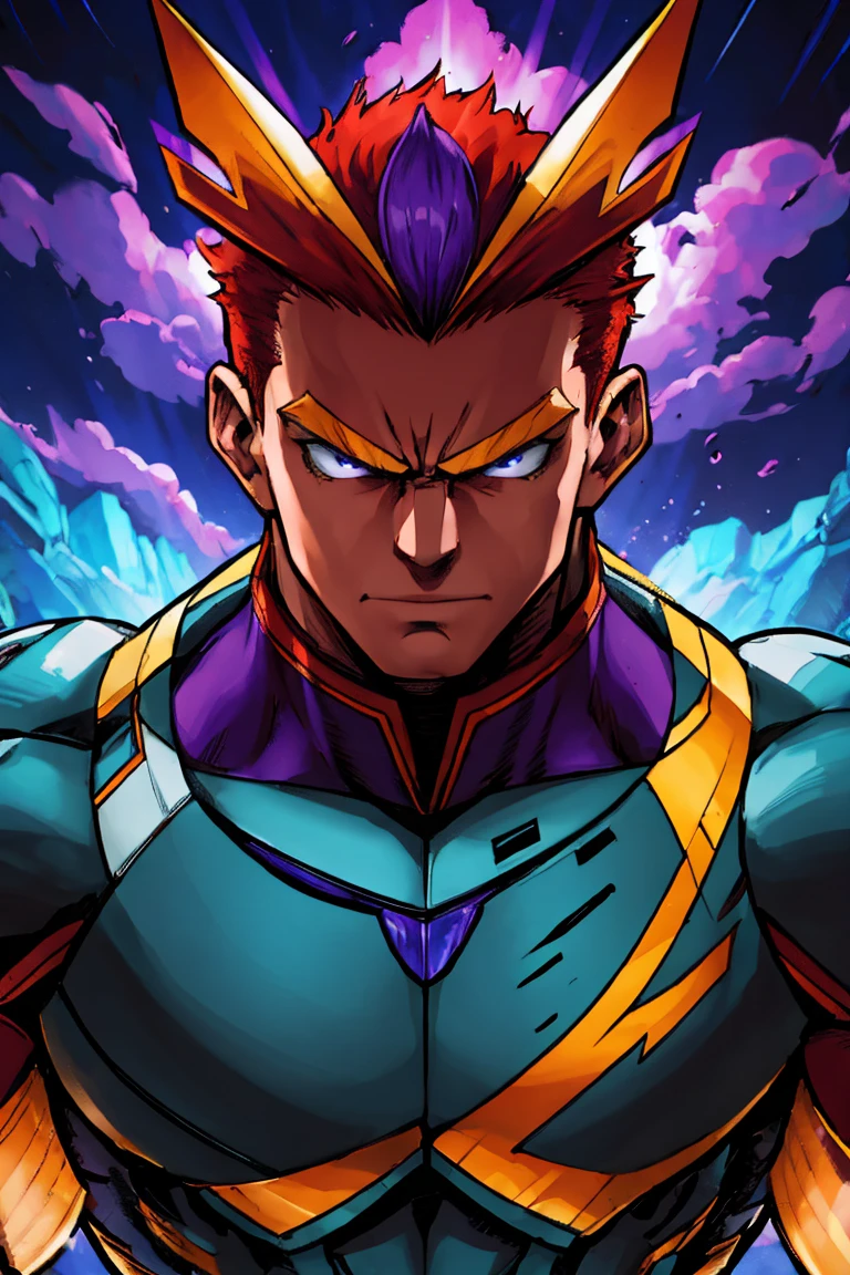 a futuristic muscular man with a strong and robust brown chrome armored suit, serious expression, purple nebulous hair, terraformer, geomancer, weather hero, Endeavor, cinematic lighting, hyper detailed, 8k, photorealistic, dramatic vfx, dynamic pose, intricate armor details, moody colors, chiaroscuro lighting, epic sci-fi fantasy