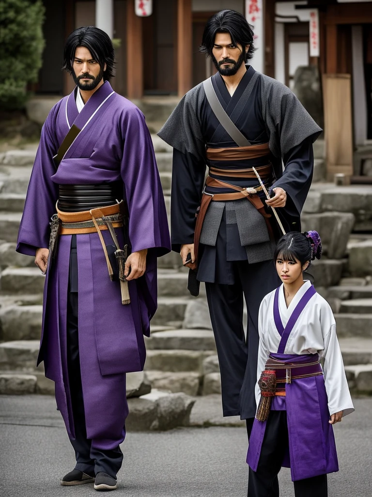 a tall, slender samurai of 1,86m. He has well-defined muscles and a serene face, but tired, with purple eyes. Her hair is black and messy, and he wears a shaggy beard. Toji wears typical Japanese clothing, including a fanny pack full of assorted items, knight&#39;s gloves and traditional sandals. He displays a friendly and determined expression."