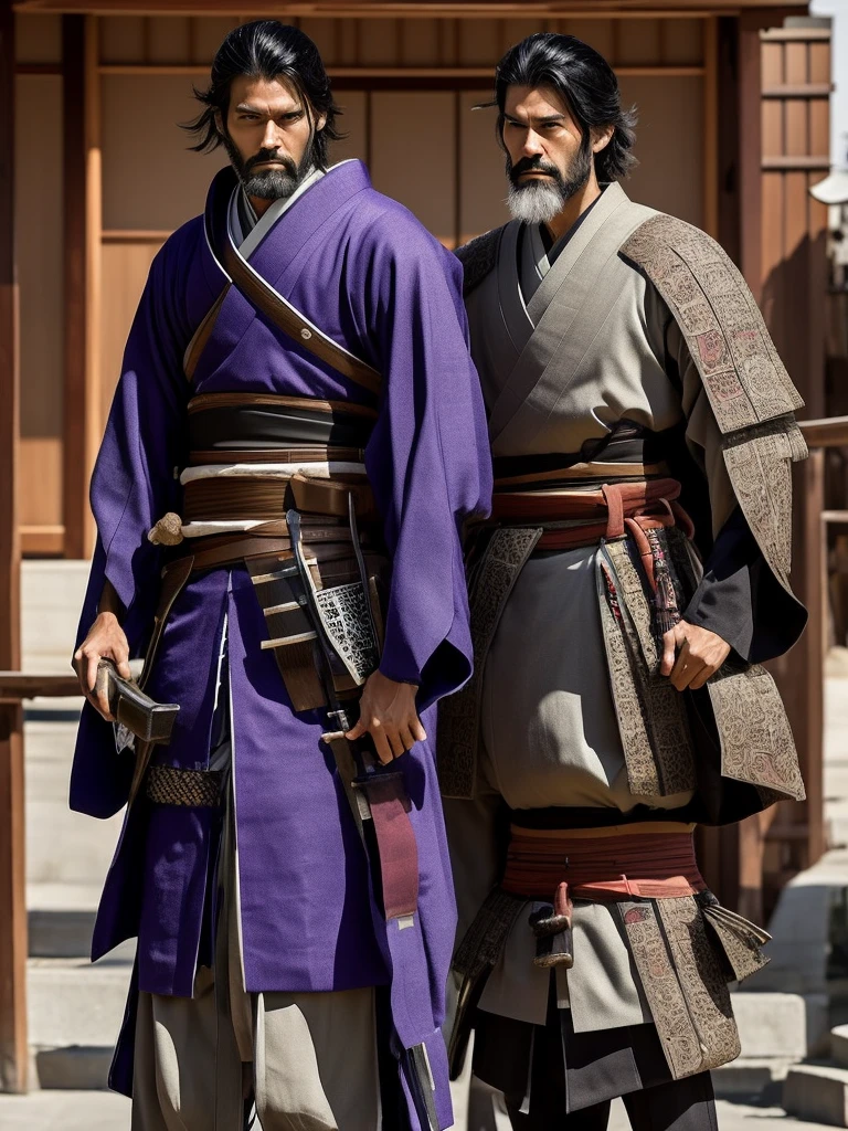a tall, slender samurai of 1,86m. He has well-defined muscles and a serene face, but tired, with purple eyes. Her hair is black and messy, and he wears a shaggy beard. Toji wears typical Japanese clothing, including a fanny pack full of assorted items, knight's gloves and traditional sandals. He displays a friendly and determined expression."