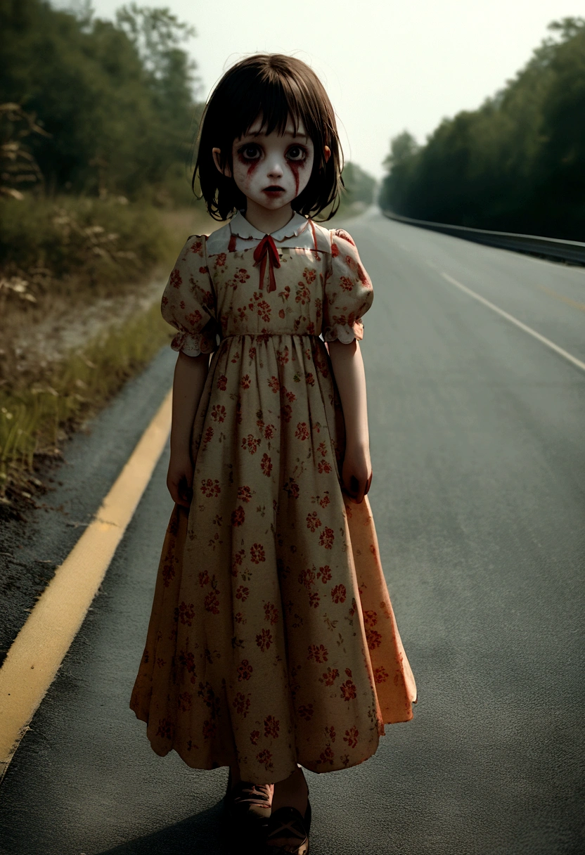 9 year old girl, wearing a floral dress, standing on the side of a highway, macabre look, horror film photography,