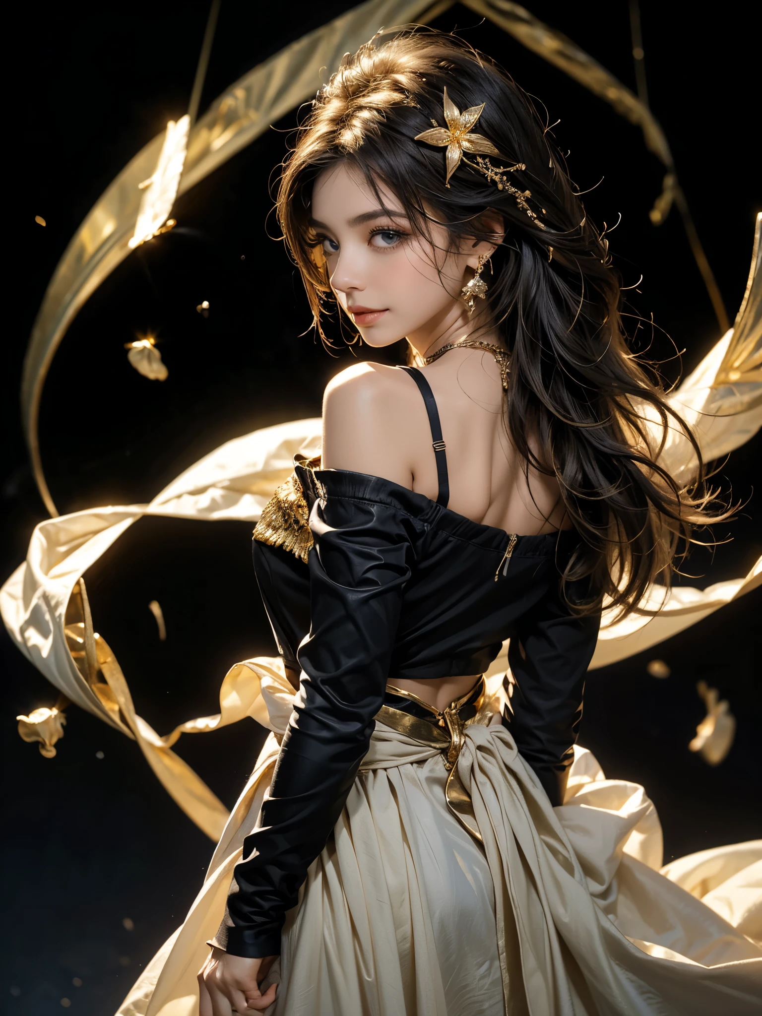 Jordan, ángel wings, Beautiful woman, (photorrealistic), back-illuminated, black backdrop, black don, black mitts, Bblack hair, ssmile, cowboy shot, don, aretes, floating hair, mitts, gold aretes, gold hair elastic, hair flower, hair ornament, ((hair elastic)), jewerly, Light particles, long hair, look viewer, off-the-shoulder don, Off The Shoulder, petals, Side Rock, standing alone, thorn, nice dress, Double Sided Fabric, ((work of art))  