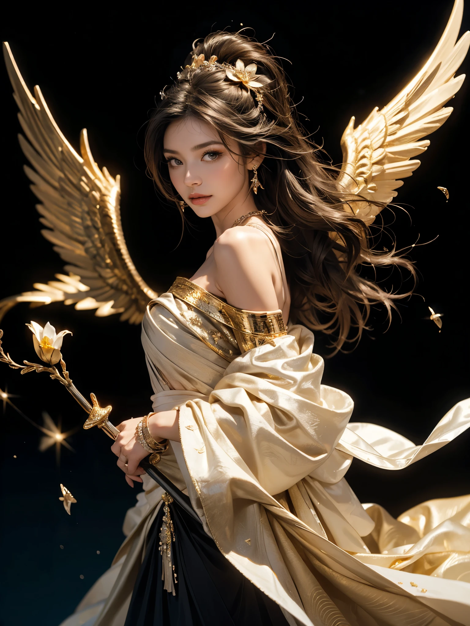 Jordan, ángel wings, Beautiful woman, (photorrealistic), back-illuminated, black backdrop, black don, black mitts, Bblack hair, ssmile, cowboy shot, don, aretes, floating hair, mitts, gold aretes, gold hair elastic, hair flower, hair ornament, ((hair elastic)), jewerly, Light particles, long hair, look viewer, off-the-shoulder don, Off The Shoulder, petals, Side Rock, standing alone, thorn, nice dress, Double Sided Fabric, ((work of art))  