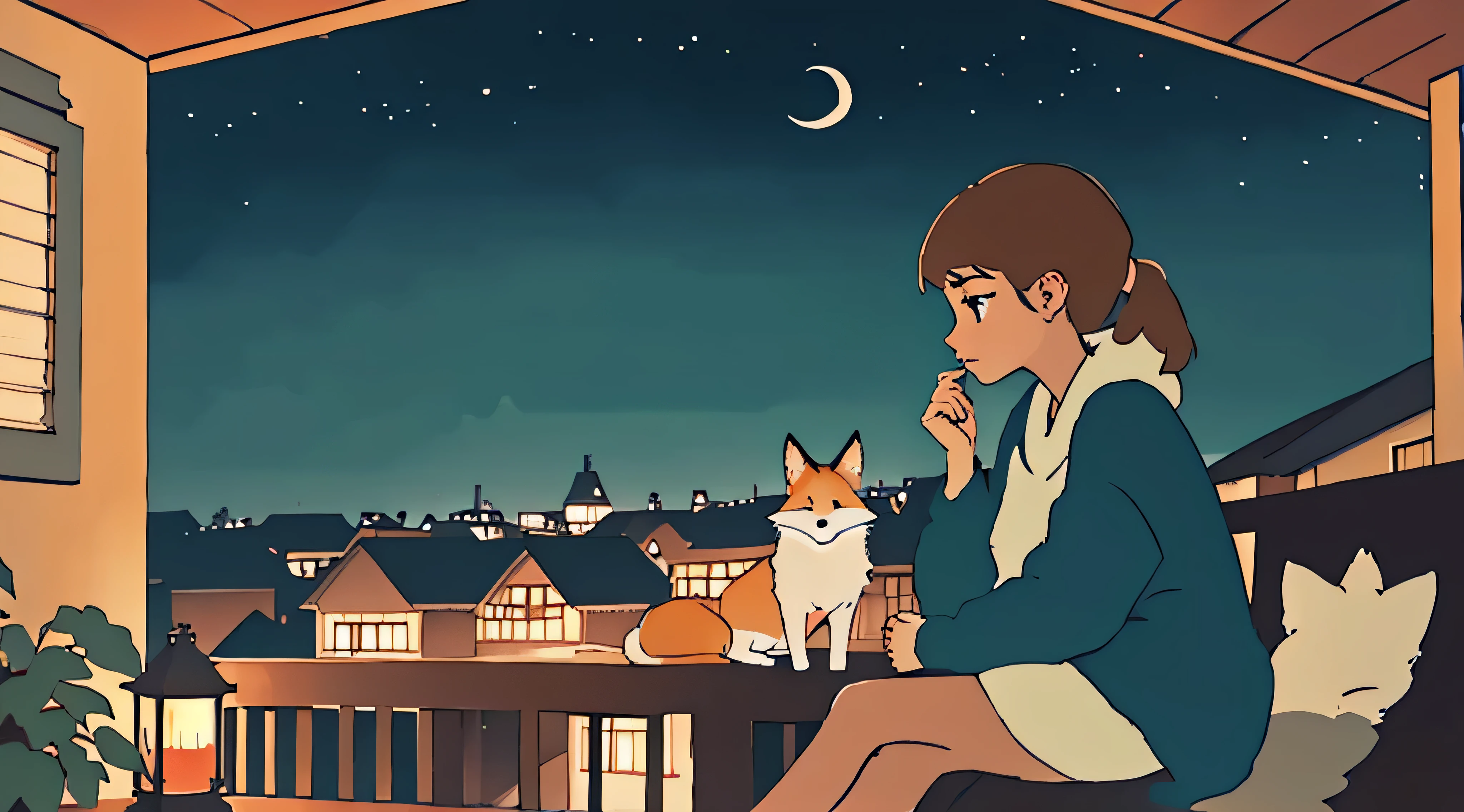 a girl sitting on a porch with a fox, with a view of the night sky