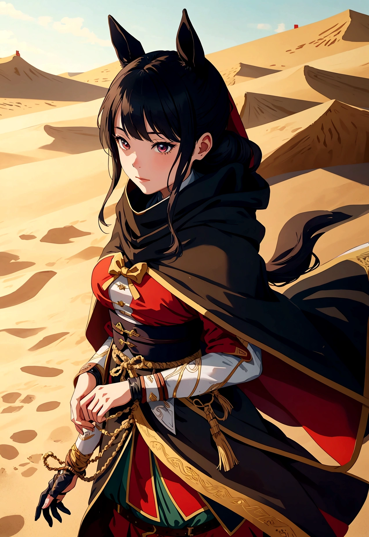 Miss,Bend bow,horse,rogue,sand漠,sand,cloak,Illustration style