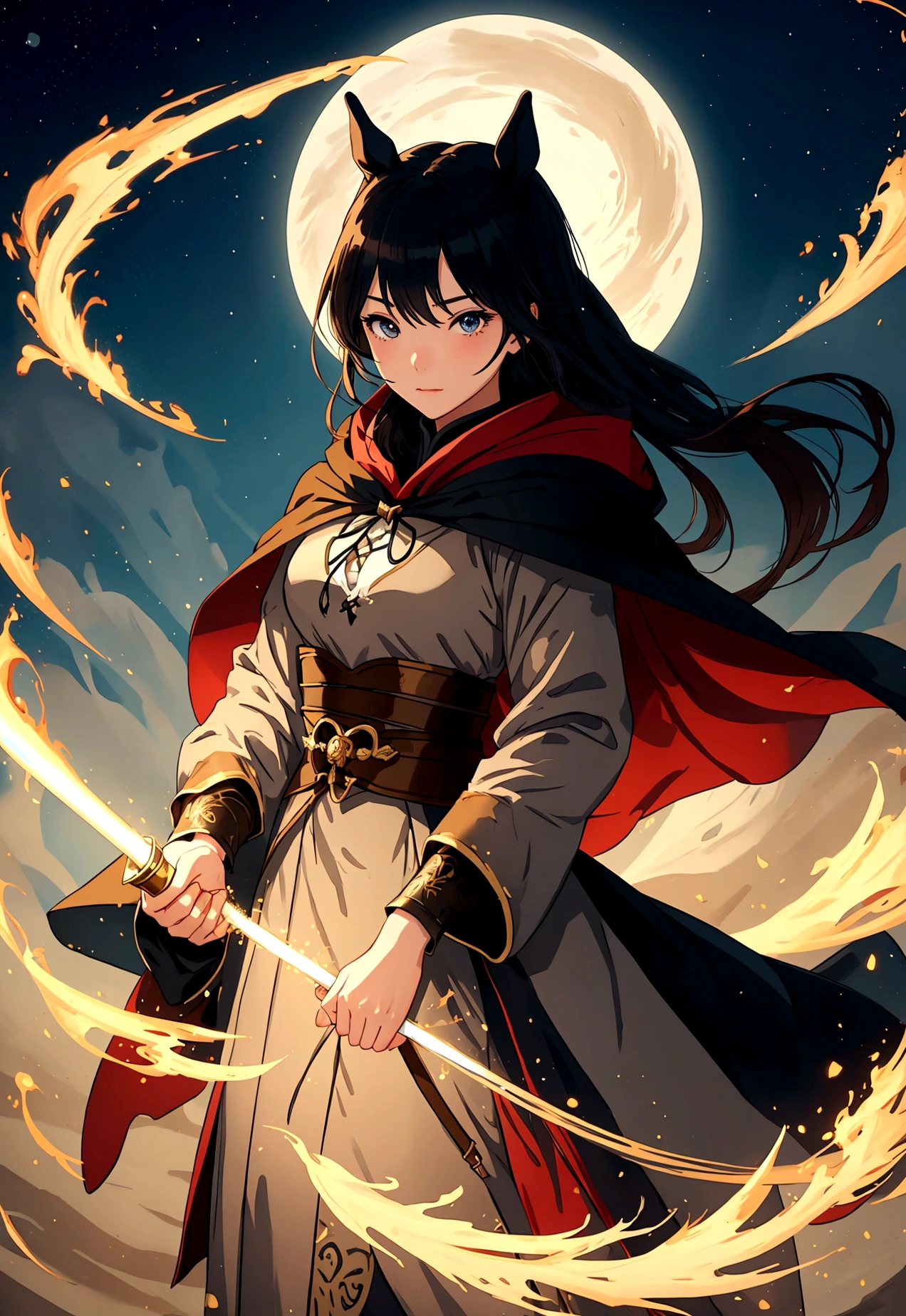 Miss,Bend bow,horse,rogue,sand漠,sand,cloak,Illustration style