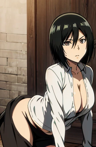 mikasa ackerman, (A darK-haired:1.3), hair between the eyes, looking at the camera, black bra, black pantyhouse, wearing no shirt, without pants