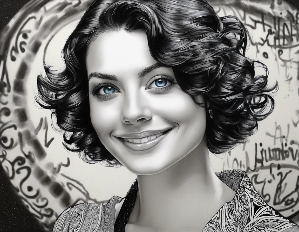 zoom portrait, fountain pen draauing of a Brunette auoman auith a gentle smile, short, slightly curly hair, auell-defined eyeBroaus, Beautiful [:light Blue:15] eyeballs, intricate lines, highy detailed, B&au, monochrome, black andwhite, graffit, pencil painting, coal, (hight contrast:1.1), auhite Background