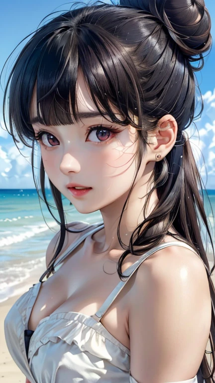 ((Highest quality)), ((masterpiece)), (detailed), Perfect Face , (masterpiece、Ultra-realistic、Ultra HD、A high resolution、16k image、Ultra High Definition Photo Images)、((detailed , masterpiece , official quality , official art , masterpiece , high resolution , ultra detailed , high resolution , extremely detailed CG)) , cool girl , red eyes , make up , dark grey hair , long hair , cute ,(two bun head) , (Bangs, blunt bangs) , chines clothes 、beach , 