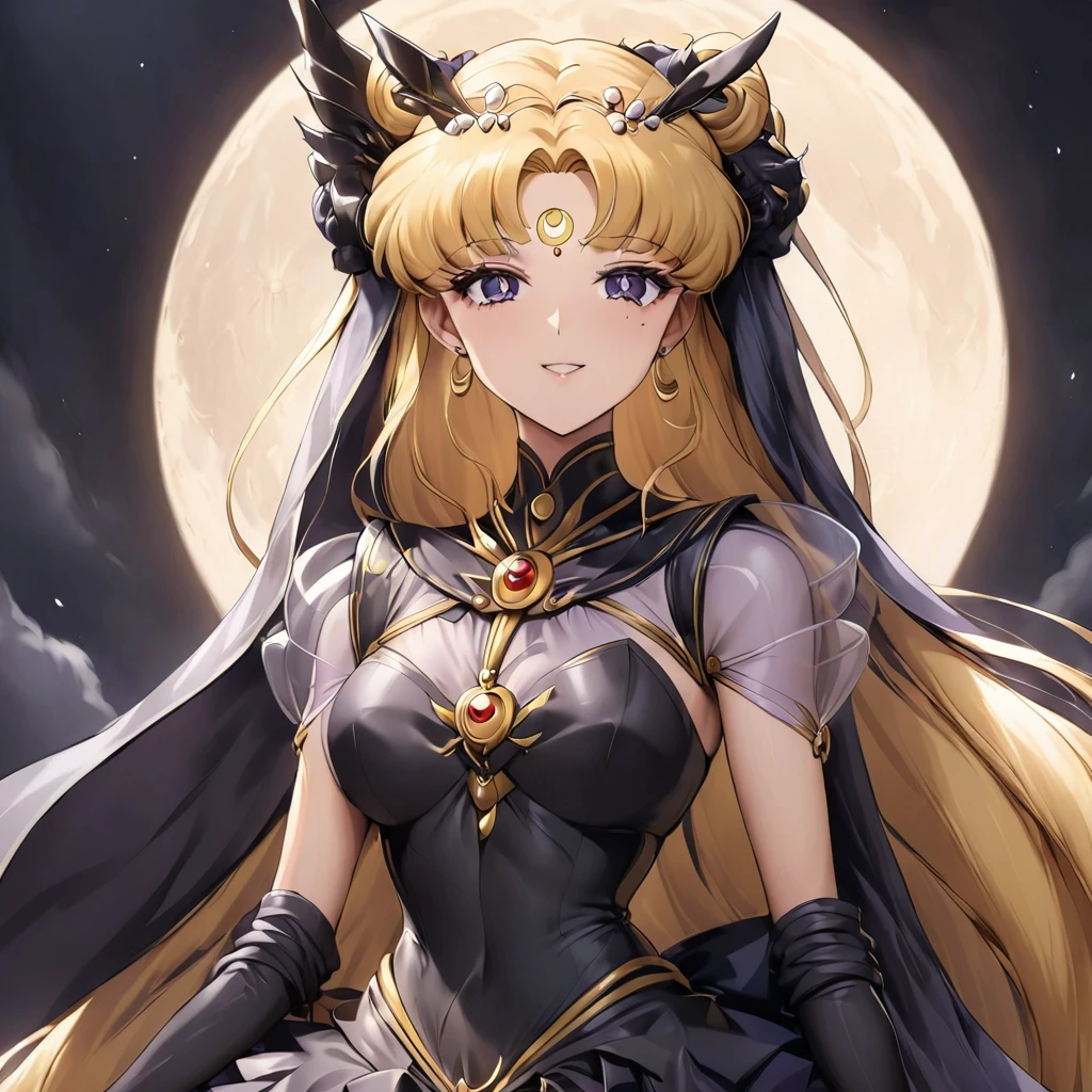 ((Highest quality)), ((masterpiece)), (detailed), (Perfect Face)、Black moon mark on forehead、The woman is the noble dark queen of the Black Moon clan, Black Serenity, with blonde hair.2The woman with long hair tied up is Princess Serenity、The woman has a black inverted crescent moon mark on her forehead, is wearing a gorgeous and glittering black Gothic Victorian dress with a black veil and a black see-through cape, is the Queen of Darkness, Princess Serenity, and has a happy expression as she looks at the camera, with the expression of a maiden in love.