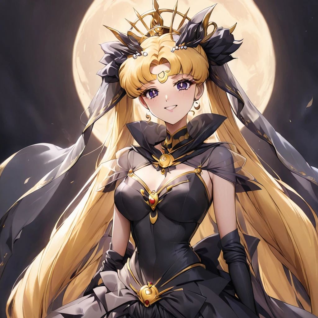 ((Highest quality)), ((masterpiece)), (detailed), (Perfect Face)、Black moon mark on forehead、The woman is the noble dark queen of the Black Moon clan, Black Serenity, with blonde hair.2The woman with long hair tied up is Princess Serenity、The woman has a black inverted crescent moon mark on her forehead, is wearing a gorgeous and glittering black Gothic Victorian dress with a black veil and a black see-through cape, is the Queen of Darkness, Princess Serenity, and has a happy expression as she looks at the camera, with the expression of a maiden in love.
