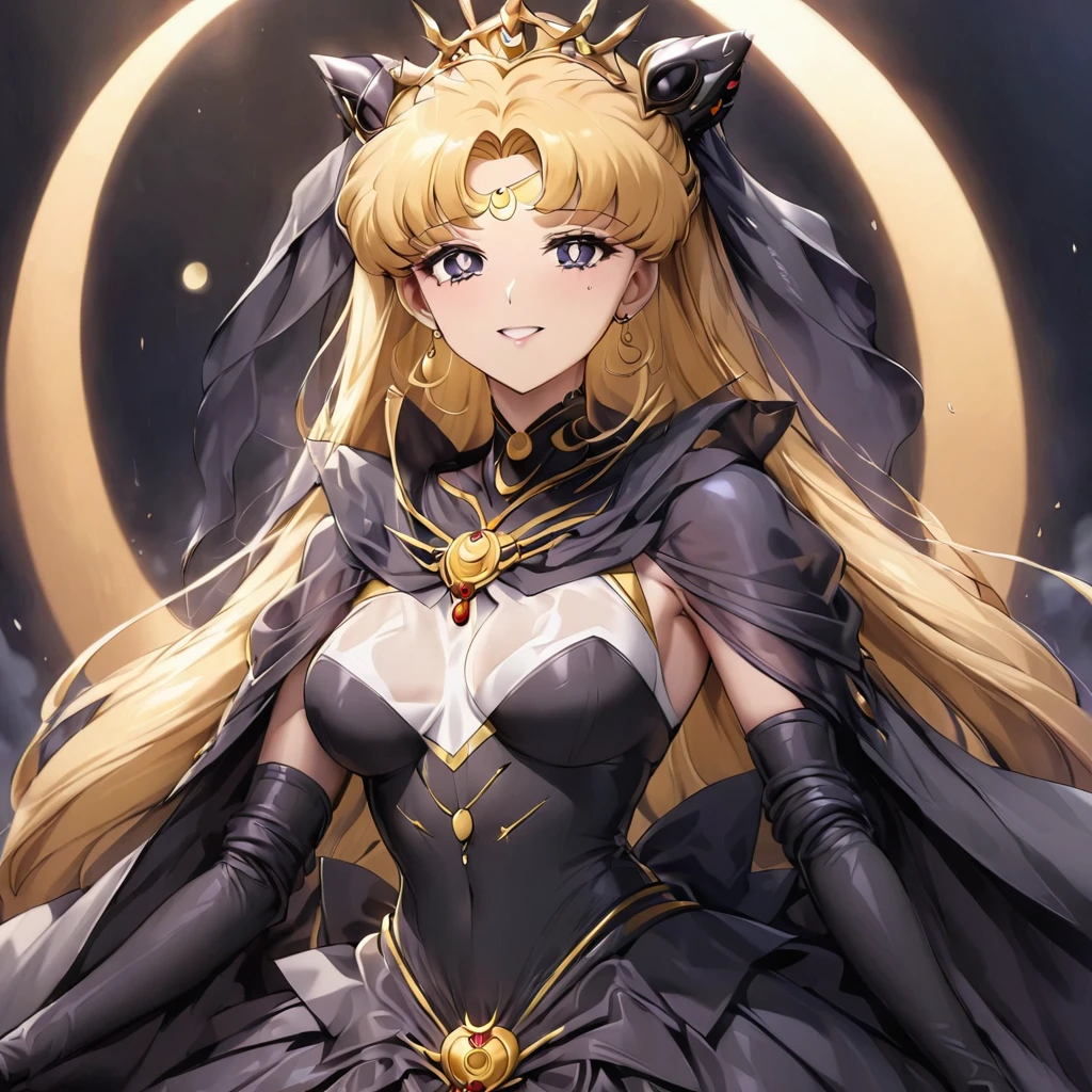 ((Highest quality)), ((masterpiece)), (detailed), (Perfect Face)、Black moon mark on forehead、The woman is the noble dark queen of the Black Moon clan, Black Serenity, with blonde hair.2The woman with long hair tied up is Princess Serenity、The woman has a black inverted crescent moon mark on her forehead, is wearing a gorgeous and glittering black Gothic Victorian dress with a black veil and a black see-through cape, is the Queen of Darkness, Princess Serenity, and has a happy expression as she looks at the camera, with the expression of a maiden in love.