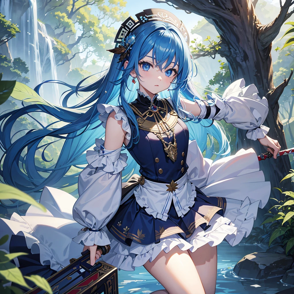 (((Masterpiece、Highest quality、Official Art、Super detailed、Handsome face、Dynamic composition)))、Anime Style、(Milky white and blue hair:1.3),(blue eyes:1.4),(Bright colors:1.4),((Hemp leaf background:1.3)),, Cool girl in gothic lolita outfit posing in palace, mini skirt, Frills, 黒 and blue outfit,In the middle of swinging a sword sideways、Blood splatter、