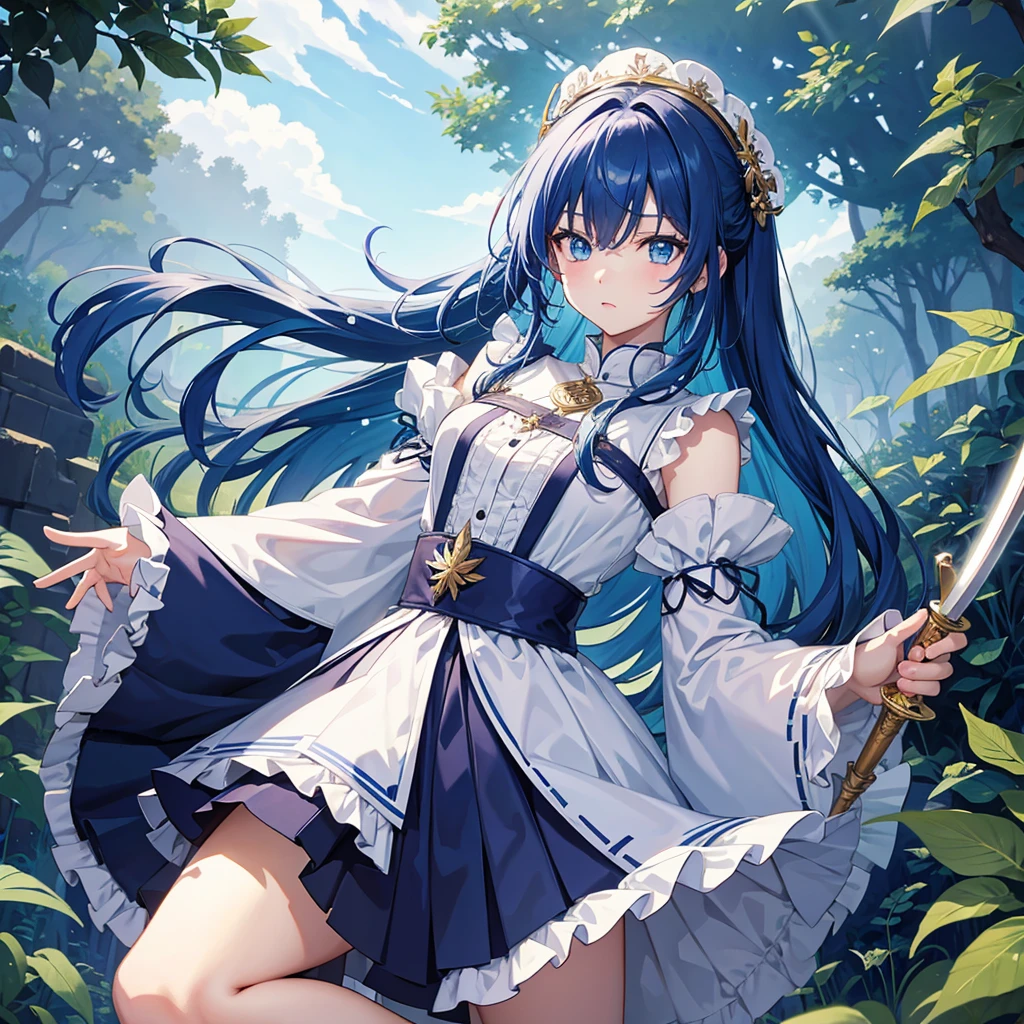 (((Masterpiece、Highest quality、Official Art、Super detailed、Handsome face、Dynamic composition)))、Anime Style、(Milky white and blue hair:1.3),(blue eyes:1.4),(Bright colors:1.4),((Hemp leaf background:1.3)),, Cool girl in gothic lolita outfit posing in palace, mini skirt, Frills, 黒 and blue outfit,In the middle of swinging a sword sideways、Blood splatter、