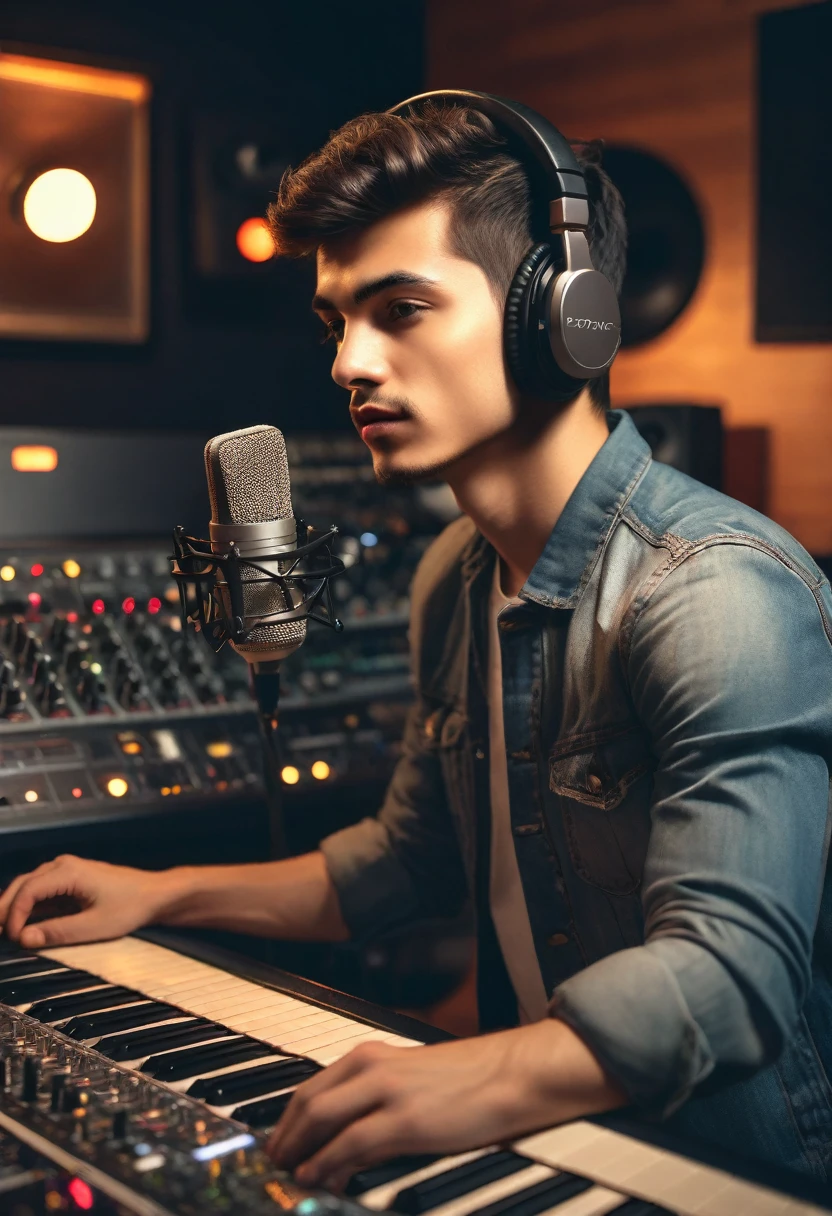 a young man in a music studio, professional studio equipment, high-end microphone, audio interface, midi keyboard, mixing console, sound-absorbing panels, vintage analog synthesizers, warm lighting, detailed facial features, serious expression, dynamic pose, cinematic composition, photorealistic, 8k, highly detailed, masterpiece