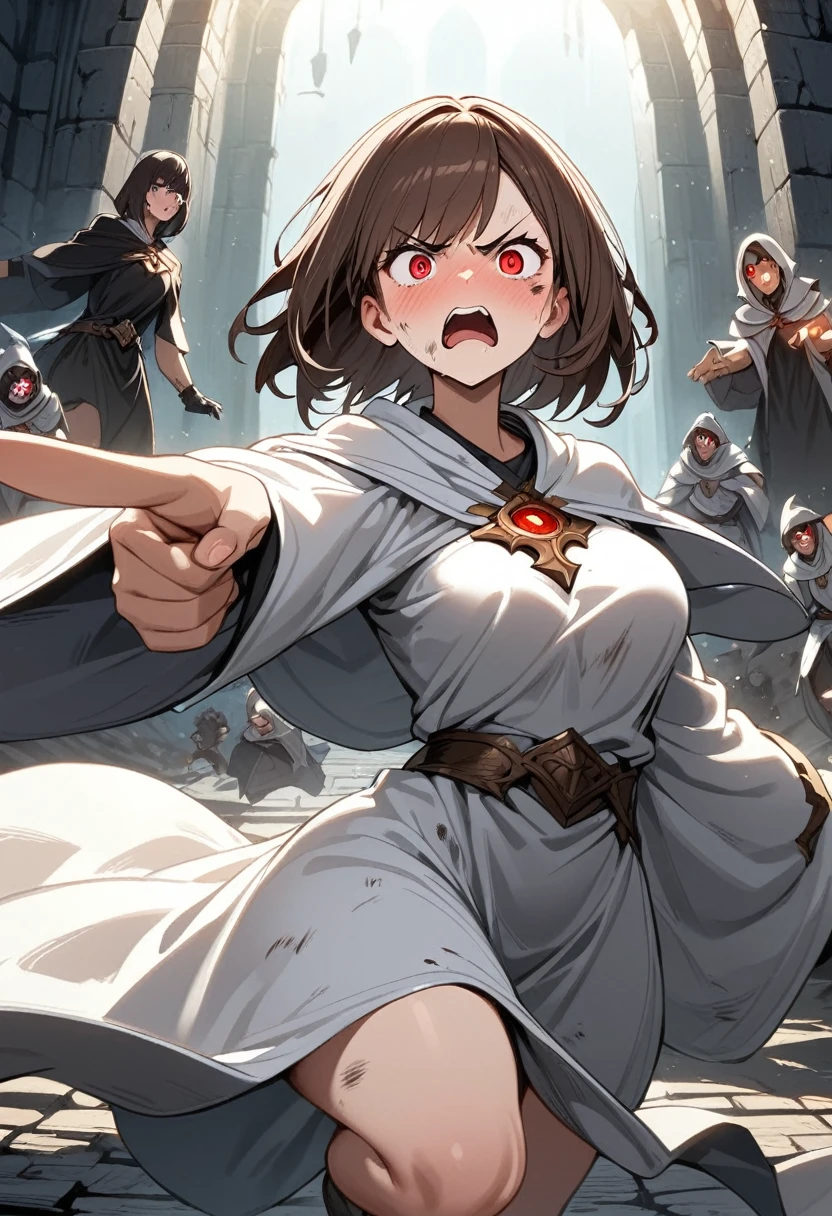 Adult female, dark fantasy, very short brown hair, red eyes, cleric, black on white cleric robes, blushing, angry, dungeon, pointing, running from monsters, highly detailed, high quality, perfect eyes, dirty, cuts, incredible background detail