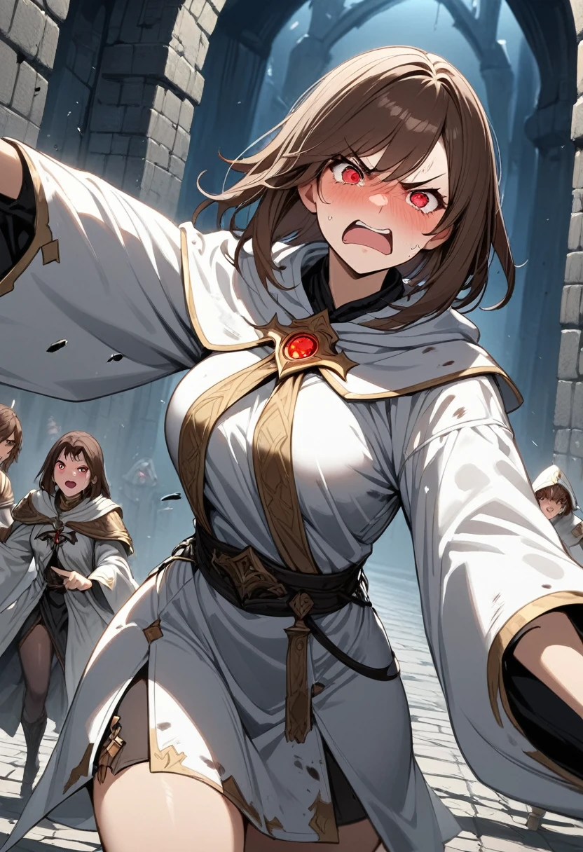 Adult female, dark fantasy, very short brown hair, red eyes, cleric, black on white cleric robes, blushing, angry, dungeon, pointing, running from monsters, highly detailed, high quality, perfect eyes, dirty, cuts, incredible background detail