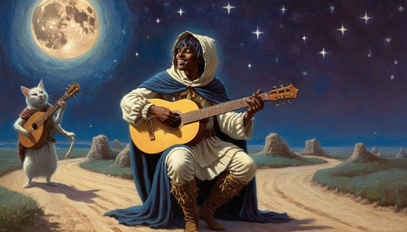 Richard Hescox Style - A minstrel with a lute and a star-cloak、Serenade wandering souls at the moonlit crossroads of a mystical world。