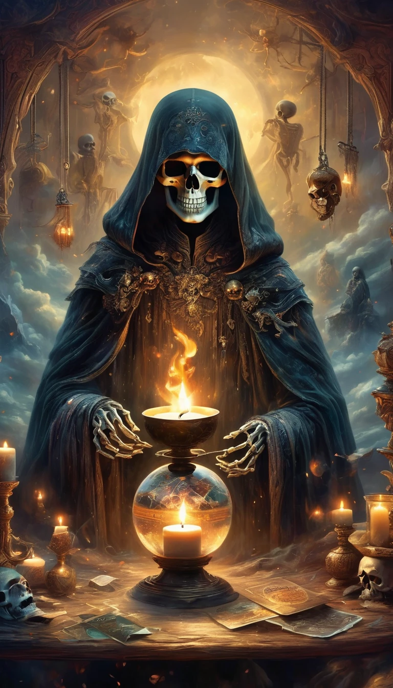 (((Tarot cards scattered in the air)))，Divination，Glowing crystal ball，This picture presents a mysterious and eerie scene。The protagonist in the painting is a skeleton wearing a black cloak，It sits at a table，Holding a lit candle，Smoke all around。Skull head wearing a pair of glasses，Adds a touch of intellectual temperament to the whole image。

first，From the details，The image of the skull is very detailed.，From the outline of the bones to the texture of the cape, everything is clearly visible。The candle flame flickers in the darkness，Adds a touch of warmth to the whole scene。Smoke filled the air，Makes the whole picture more hazy and mysterious。

Secondly，From the perspective of color and light and shadow processing，The image uses dark tones，Highlights the mysterious and eerie atmosphere。The flame and candle light become the focus of the picture，Contrasts with other dark tones。This contrast makes the picture more layered.，At the same time, the visual effects are also enhanced。

at last，Judging from the atmosphere of the whole scene，This picture gives people a mysterious and weird feeling。The image of the skull and the surrounding atmosphere are full of unknown and mysterious feelings.，It makes people want to explore the secrets。at the same time，This atmosphere also brings people a tense and fearful emotional experience.。

In summary，This picture is carefully depicted、Unique color and light and shadow processing as well as the creation of a mysterious and strange atmosphere，Successfully conveys a mysterious and eerie feeling。