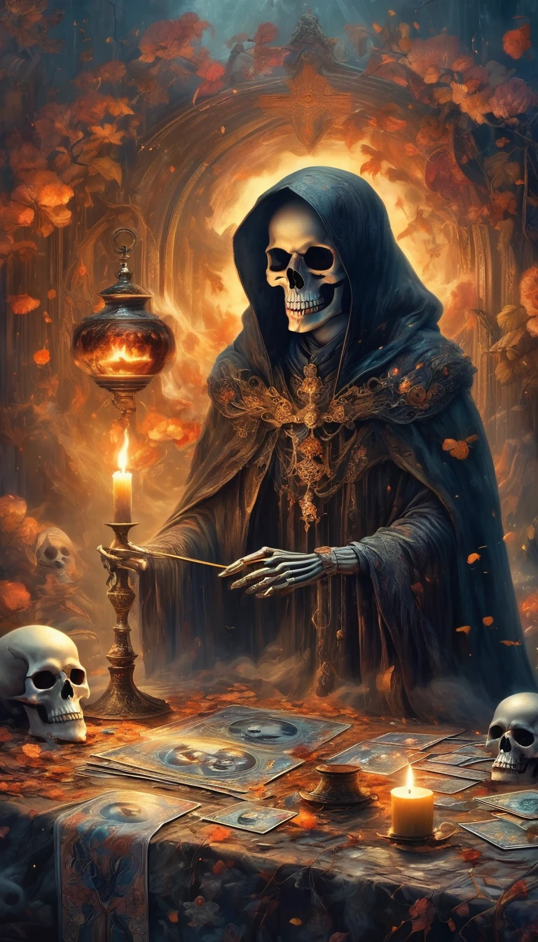 (((Tarot cards scattered in the air))),Divination,Glowing crystal ball,This picture presents a mysterious and eerie scene。The protagonist in the painting is a skeleton wearing a black cloak,It sits at a table,Holding a lit candle,Smoke all around。Skull head wearing a pair of glasses,Adds a touch of intellectual temperament to the whole image。
first,From the details,The image of the skull is very detailed.,From the outline of the bones to the texture of the cape, everything is clearly visible。The candle flame flickers in the darkness,Adds a touch of warmth to the whole scene。Smoke filled the air,Makes the whole picture more hazy and mysterious。
Secondly,From the perspective of color and light and shadow processing,The image uses dark tones,Highlights the mysterious and eerie atmosphere。The flame and candle light become the focus of the picture,Contrasts with other dark tones。This contrast makes the picture more layered.,At the same time, the visual effects are also enhanced。
at last,Judging from the atmosphere of the whole scene,This picture gives people a mysterious and weird feeling。The image of the skull and the surrounding atmosphere are full of unknown and mysterious feelings.,It makes people want to explore the secrets。at the same time,This atmosphere also brings people a tense and fearful emotional experience.。
In summary,This picture is carefully depicted、Unique color and light and shadow processing as well as the creation of a mysterious and strange atmosphere,Successfully conveys a mysterious and eerie feeling。