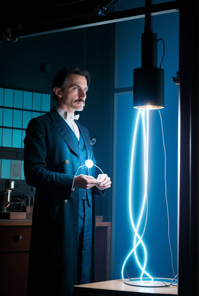 Nikola Tesla in his laboratory, illuminated by the glowing blue light of electrical arcs from a Tesla coil. The background is filled with faint blueprints and outlines of his lost inventions, subtly integrated into the scene. Tesla stands in the foreground, looking towards the viewer with a confident, almost enigmatic expression. The setting conveys a blend of historical atmosphere and futuristic vision, capturing the essence of his revolutionary ideas and the mysteries surrounding his work