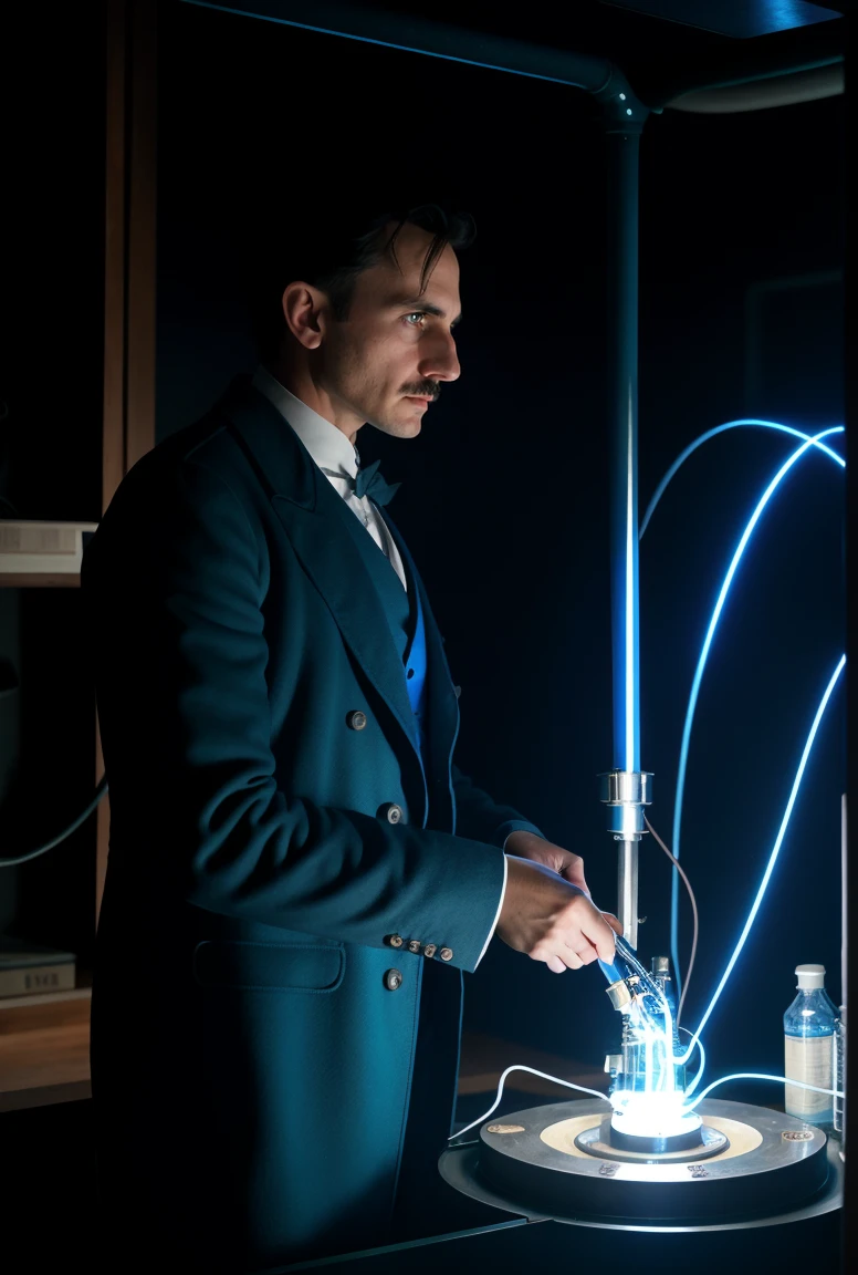 Nikola Tesla in his laboratory, illuminated by the glowing blue light of electrical arcs from a Tesla coil. The background is filled with faint blueprints and outlines of his lost inventions, subtly integrated into the scene. Tesla stands in the foreground, looking towards the viewer with a confident, almost enigmatic expression. The setting conveys a blend of historical atmosphere and futuristic vision, capturing the essence of his revolutionary ideas and the mysteries surrounding his work