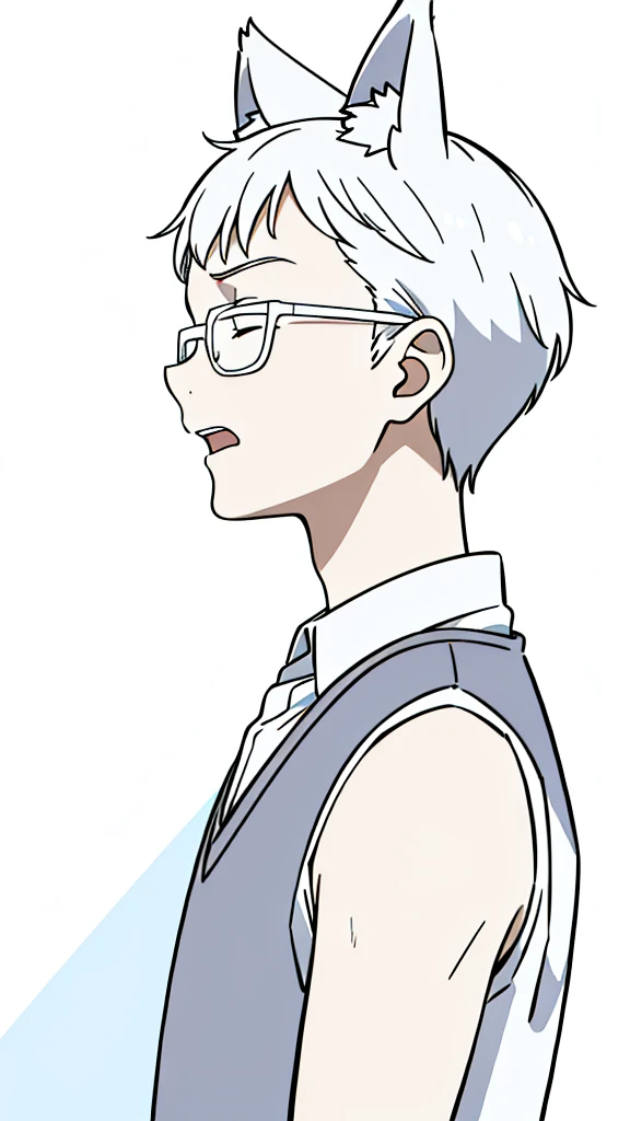 (1boy,,kid),solo,ha,white hair,short hair,fox ears,white shirt,sleeveless,upper body,(white background,line drawing),white glasses,profile,closed eyes,scared,open mouth