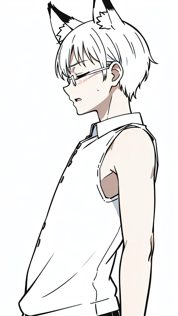 (1boy,10 years old,???),solo,happy,white hair,short hair,fox ears,white shirt,sleeveless,upper body,(white background,line drawing),white glasses,profile,closed eyes,scared,open mouth