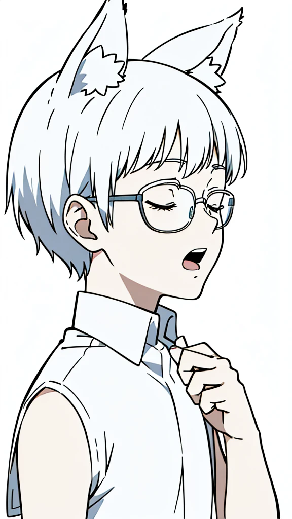(1boy,s old,kid),solo,happy,white hair,short hair,fox ears,white shirt,sleeveless,upper body,(white background,line drawing),white glasses,profile,closed eyes,scared,open mouth
