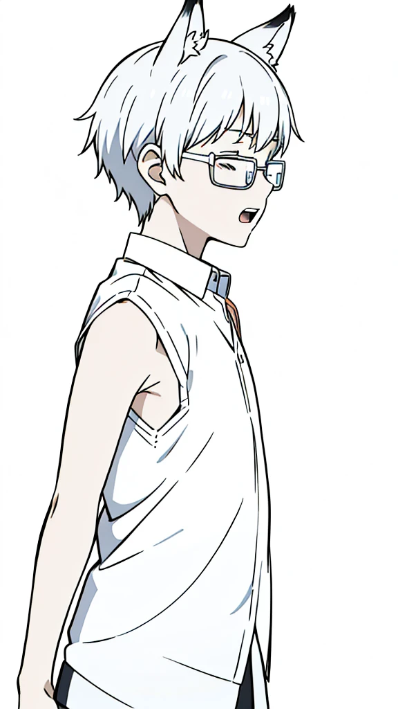 (1boy,,kid),solo,ha,white hair,short hair,fox ears,white shirt,sleeveless,upper body,(white background,line drawing),white glasses,profile,closed eyes,scared,open mouth