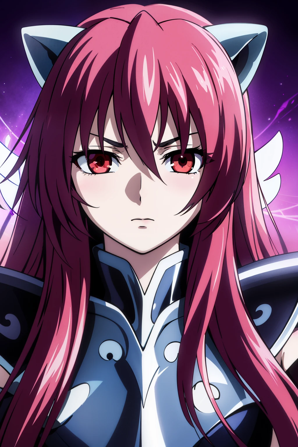 (high-quality, breathtaking),(expressive eyes, perfect face) portrait, Symmetrical Eyes, 1girl, female, solo, looking at viewer, portrait, black background, soft eerie blue lighting background, rock terrain background, Hades Armor, Hypnos Saint Seiya Armor, Thanatos Saint Seiya Armor, Dark Purple Armor, trim, full plate, feminine face, half body shot, nyuu/lucy, long hair, (red eyes:1.3), pink hair, horns, 
