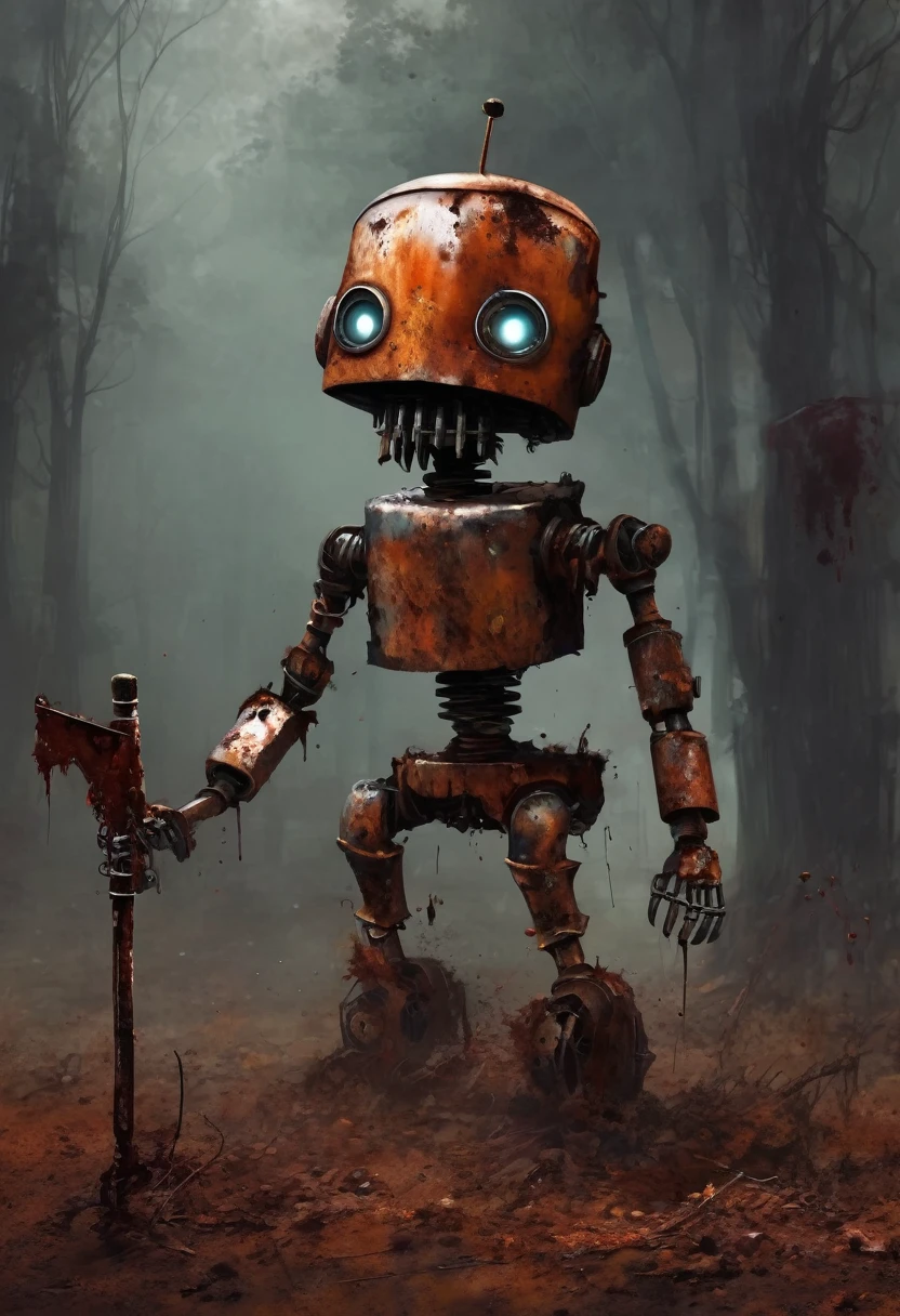 rust robot, rusty robot, without arms or legs, stuck on a stake, with a bloody skull for a face, wearing a rusty helmet, horror, creepy, dark place
