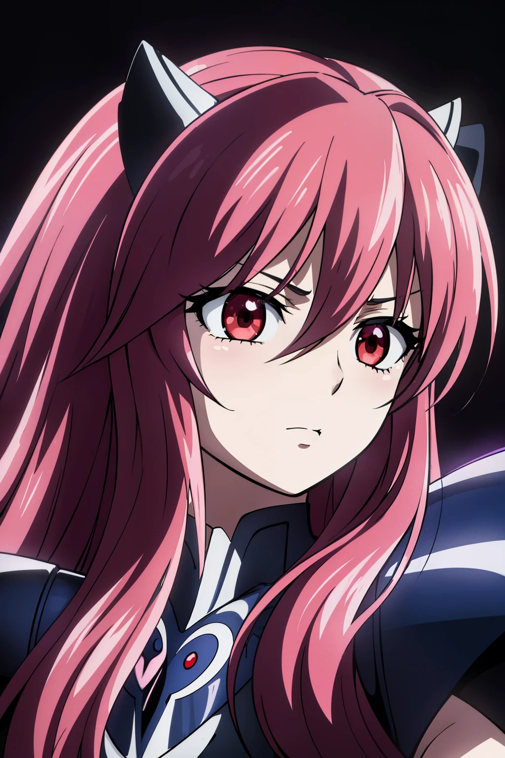 (high-quality, breathtaking),(expressive eyes, perfect face) portrait, Symmetrical Eyes, 1girl, female, solo, looking at viewer, portrait, black background, soft eerie blue lighting background, rock terrain background, Hades Armor, Hypnos Saint Seiya Armor, Thanatos Saint Seiya Armor, Dark Purple Armor, trim, full plate, feminine face, half body shot, nyuu/lucy, long hair, (red eyes:1.3), pink hair, horns, 
