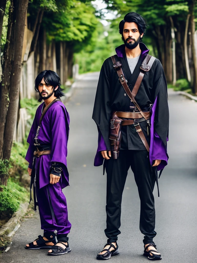 slim, but with well-defined muscles. Even though it appears to be strong, has a tired and serene face. He seems very friendly. He has messy black hair and a scruffy beard..
- Hair: black, messy and big.
- Eyes: purple.
- Clothes: Wear typical Japanese clothing, plus a fanny pack full of items, knight gloves and sandals.