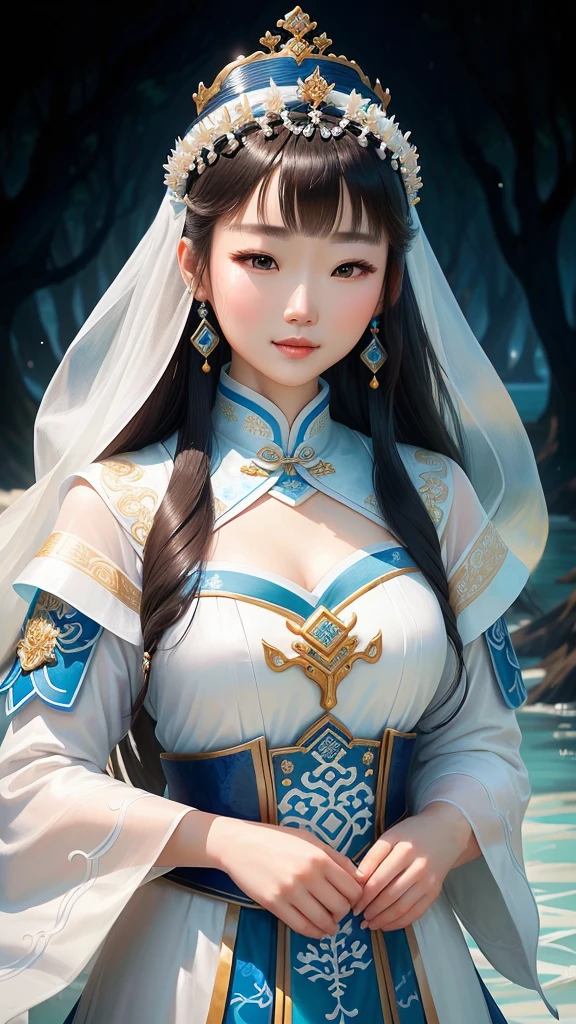 Close-up of woman in white dress and blue skirt, A young woman plays, Queen of the Sea Mu Yanling, Inspired by Huang Ji, Inspired by Lv Ji, Chinese Queen, Chinese Princess, Inspired by trees, Kazakh Queen, Inspired by Zhang Yin, Inspired by Li Tang