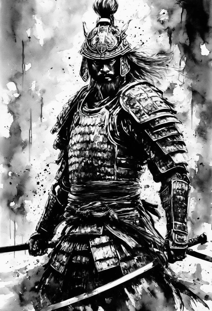 Black and white painting,Ink Painting,splash,backlighting:1.1,(full body,from below),Warrior,Mamba Hair,detailed beautiful face,Beard,(samurai armor,Detailed Armor)