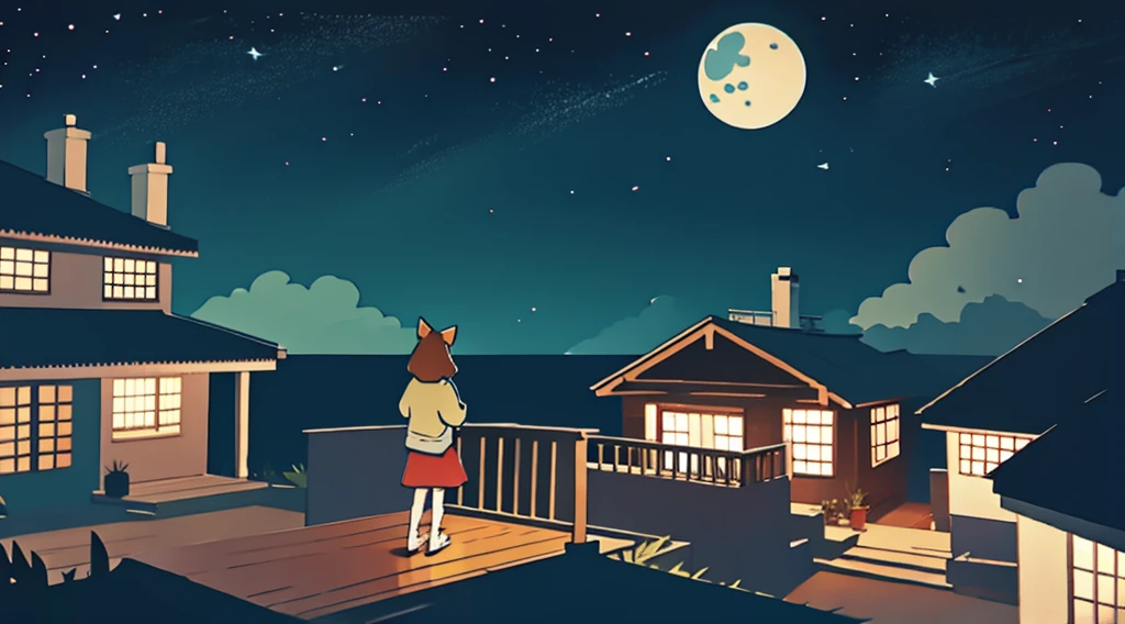 a girl sitting on a porch with a fox, with a view of the night sky