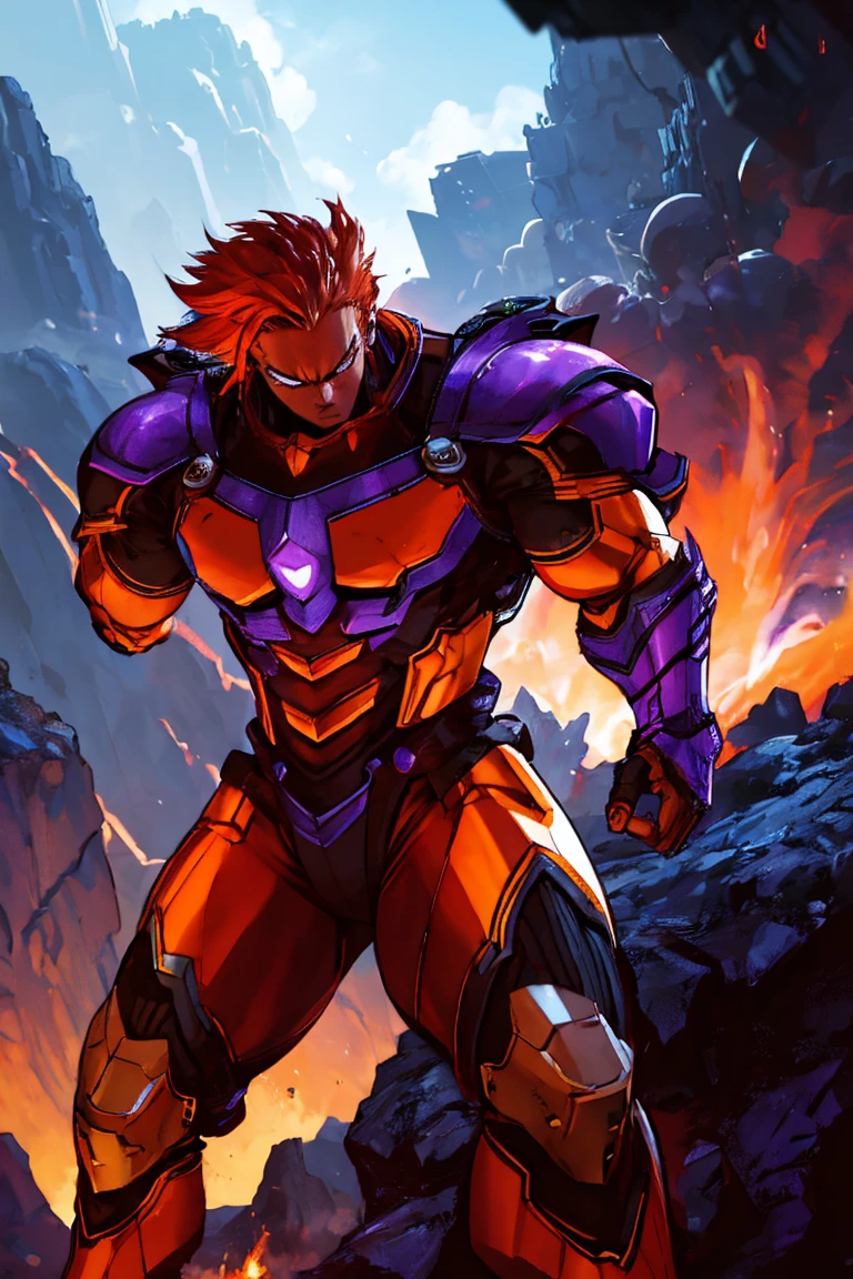 a futuristic muscular man with a strong and robust brown chrome armored suit, serious expression, purple nebulous hair, terraformer, geomancer, weather hero, Endeavor, cinematic lighting, hyper detailed, 8k, photorealistic, dramatic vfx, dynamic pose, intricate armor details, moody colors, chiaroscuro lighting, epic sci-fi fantasy