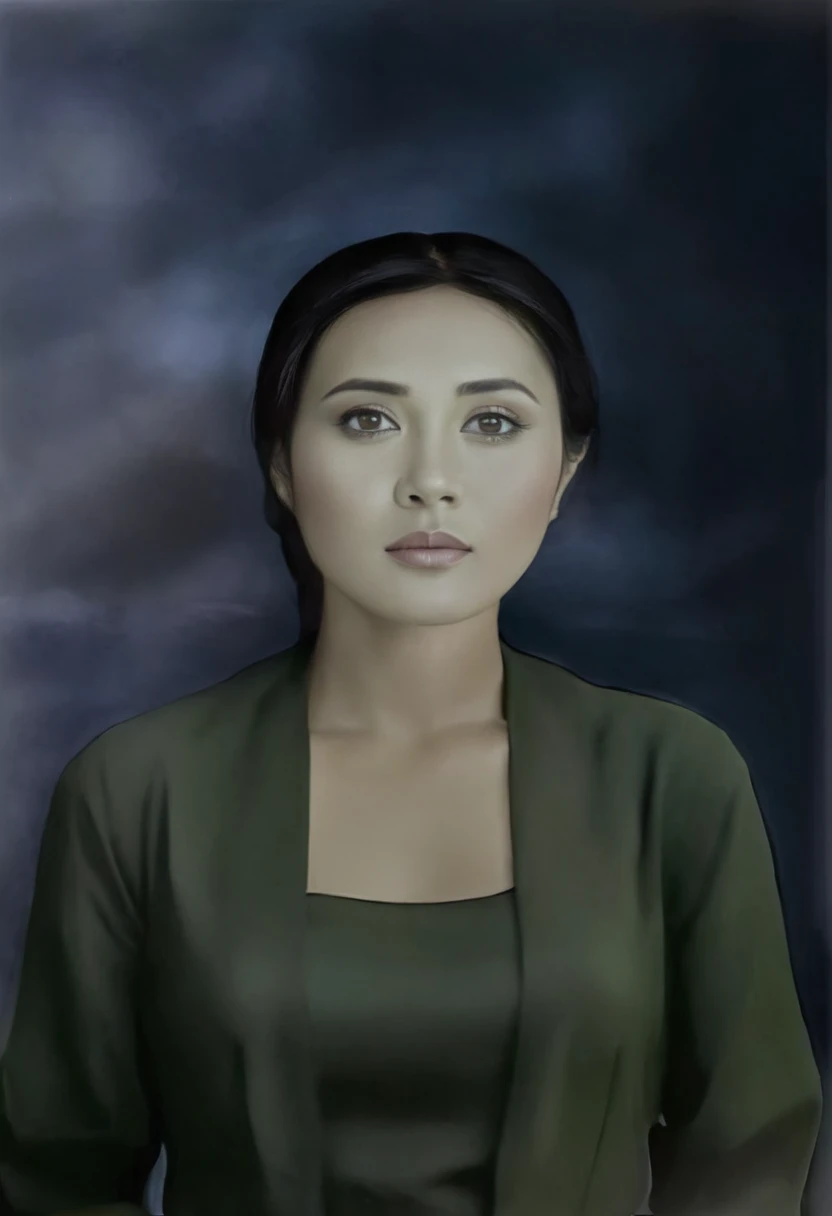 an indonesia woman wearing dark green dress, black hair, beautiful eyes, potrait, realistic, ultra details, 4i