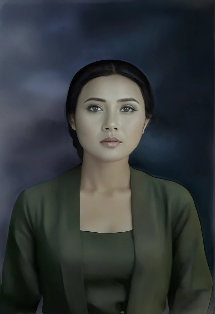 an indonesia woman wearing dark green dress, black hair, beautiful eyes, potrait, realistic, ultra details, 4i