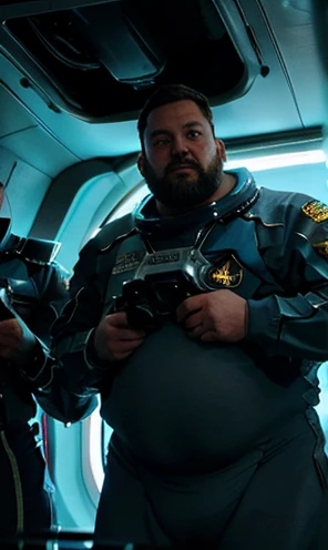 Close UP of intergalactic ship using thrusters to reach the speed of light in the universe ,The captain of the astronauts is a plump, chubby man, extremely thick thighs, a large belly, fat. Passing inside the spaceship laboratory , he checks an analysis under the microscope. His arms are holding digital analysis devices. He wears a spacesuit. A humanoid creature similar to a lizard and fish talks to the astronaut.ele usa uniforme espacial. caminhando pelos corredores da nave espacial.