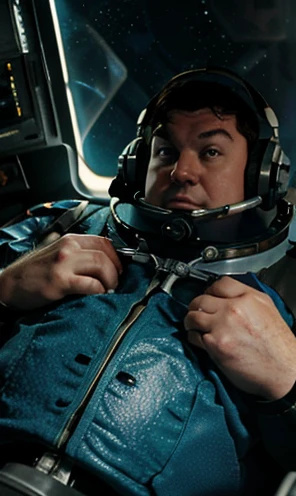 Close UP of intergalactic ship using thrusters to reach the speed of light in the universe ,The captain of the astronauts is a plump, chubby man, extremely thick thighs, a large belly, fat. Passing inside the spaceship laboratory , he checks an analysis under the microscope. His arms are holding digital analysis devices. He wears a spacesuit. A humanoid creature similar to a lizard and fish talks to the astronaut.ele usa uniforme espacial. caminhando pelos corredores da nave espacial.