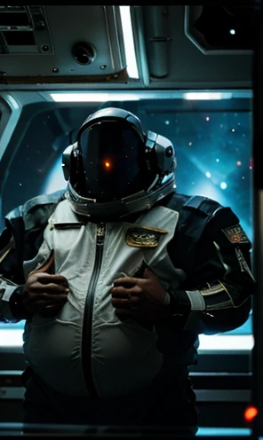 Close UP of intergalactic ship using thrusters to reach the speed of light in the universe ,The captain of the astronauts is a plump, chubby man, extremely thick thighs, a large belly, fat. Passing inside the spaceship laboratory , he checks an analysis under the microscope. His arms are holding digital analysis devices. He wears a spacesuit. A humanoid creature similar to a lizard and fish talks to the astronaut.ele usa uniforme espacial. caminhando pelos corredores da nave espacial.