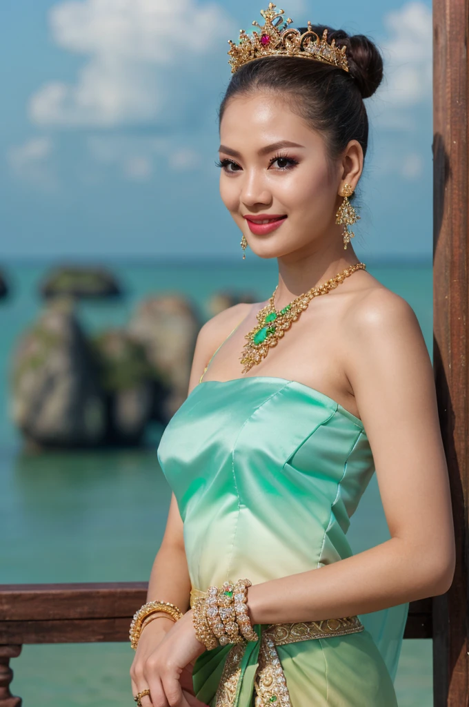 (masterpiece), best quality, ultra high res, , (princess:1.3), standing, (NSFW), lace underwear, beautiful face,( thailand tradition house:1.3),,(cute girl:1.3), ( thai ombre mint green detailed traditional dress:1.3),(traditional body strap:1.2) big  ,detailed background , gloves, hair bun, , big hair_ornament, ear ornaments, ear peice, ear jewelries, big crown, big jewelry, hair_stick, jewelry, necklace, bracelets,  arms jewelry, (seductive:1.3), ( looking at viewer:1.5) , ocean,flowers, beautiful day, close eyes, enjoying the breeze ,beautiful smile, big breast