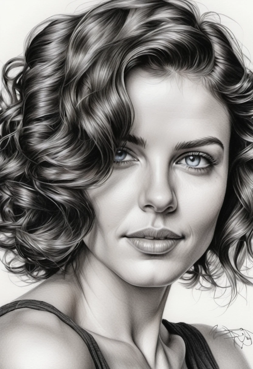 zoom portrait, fountain pen draauing of a Brunette auoman auith a gentle smile, short, slightly curly hair, auell-defined eyeBroaus, Beautiful [:light Blue:15] eyeballs, intricate lines, highy detailed, B&au, monochrome, black andwhite, graffit, pencil painting, coal, (hight contrast:1.1), auhite Background