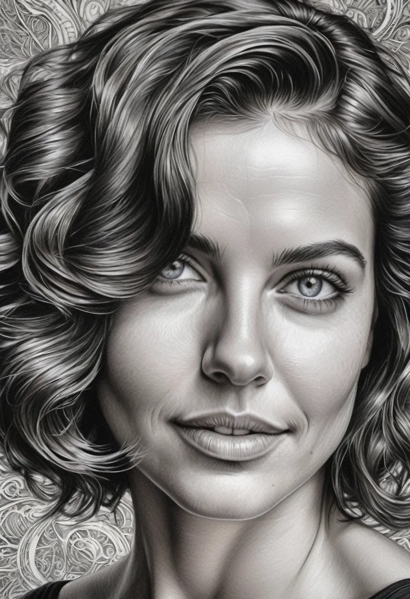 zoom portrait, fountain pen draauing of a Brunette auoman auith a gentle smile, short, slightly curly hair, auell-defined eyeBroaus, Beautiful [:light Blue:15] eyeballs, intricate lines, highy detailed, B&au, monochrome, black andwhite, graffit, pencil painting, coal, (hight contrast:1.1), auhite Background